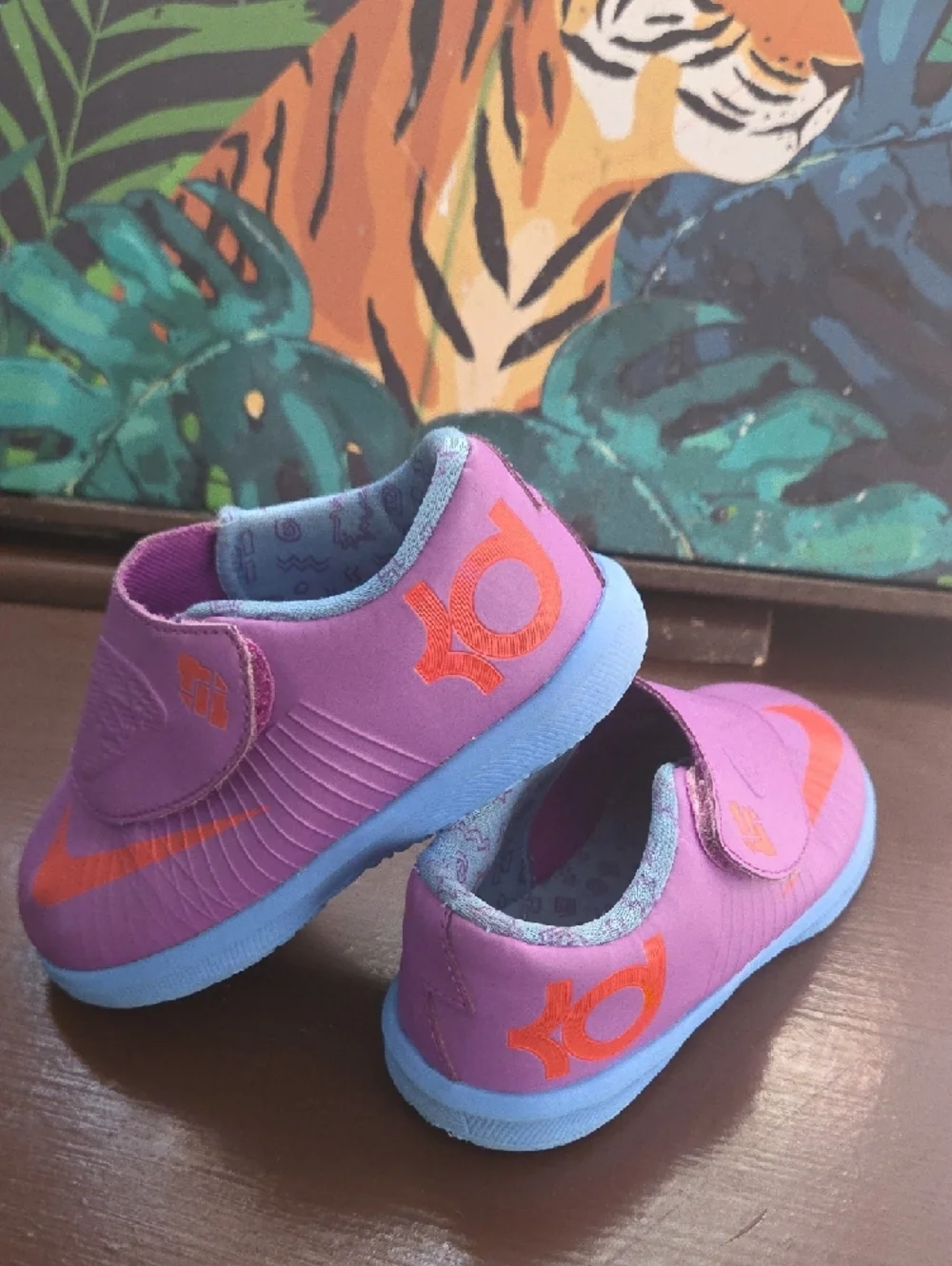 Nike KD Kids Purple Slip-On Sneakers with Orange Swoosh and Light Blue Sole